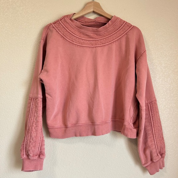 Frye Rose Size L Pink Embroidered Cotton Terry Crop Sweatshirt Boho Western Cozy - Picture 12 of 12
